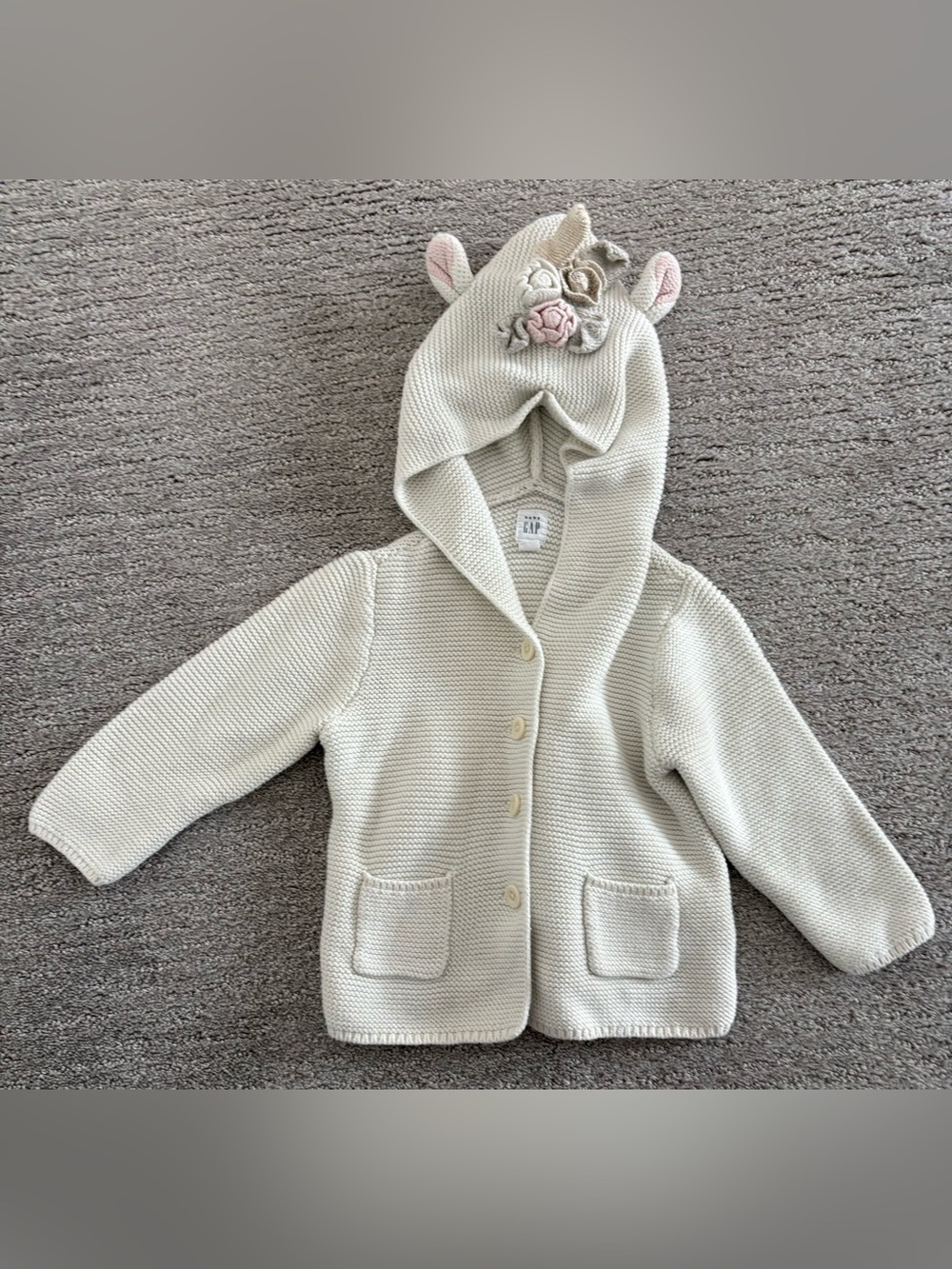 Baby GAP 18-24 months Cream Knit Hooded Cardigan w/ Unicorn Ear Accents